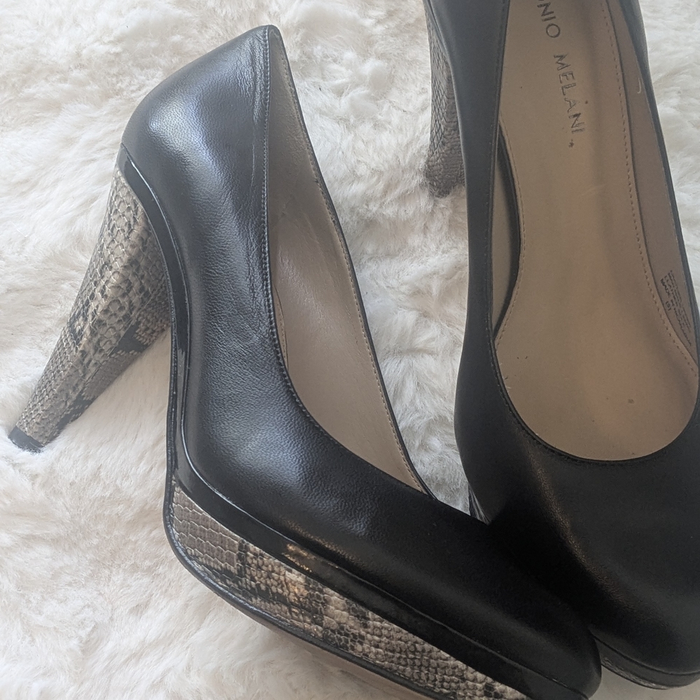 ANTONIO MELANI Black Leather Pumps with Snakeskin Heel and Platform
